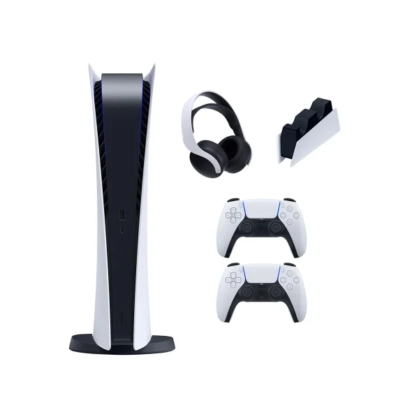 کنسول بازی سونی PS5 دیجیتال بهمراه یک دسته اضافه و پایه شارژر و هدست