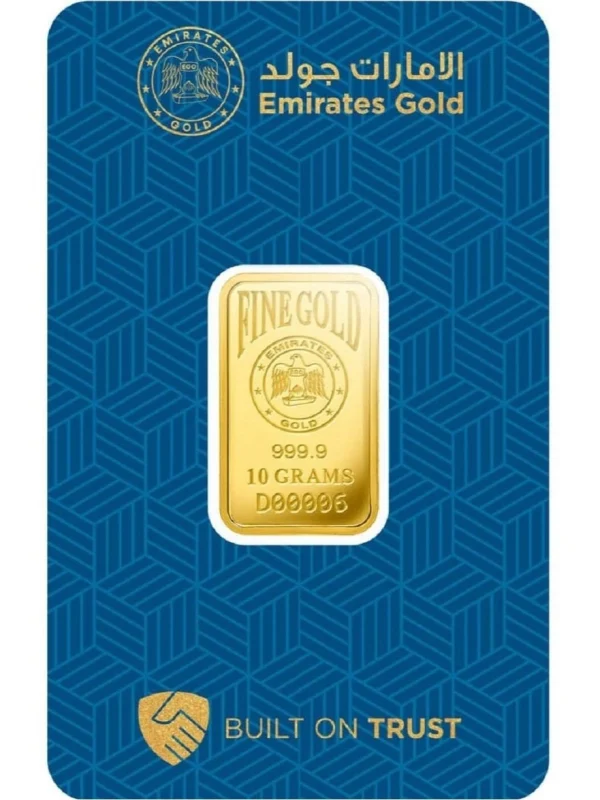 شمش طلا 10 گرمی امارات گلد با خلوص 999.9 و عیار 24 با شناسنامه (certificate)